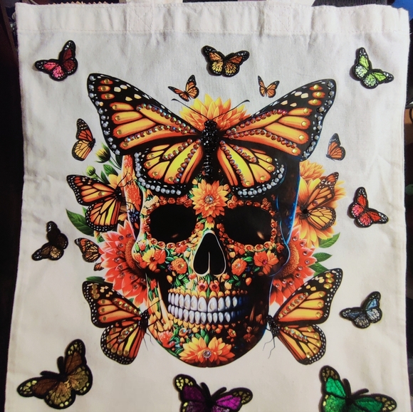 Colorful Skull and Floral Tote Bag - Picture 2 of 15